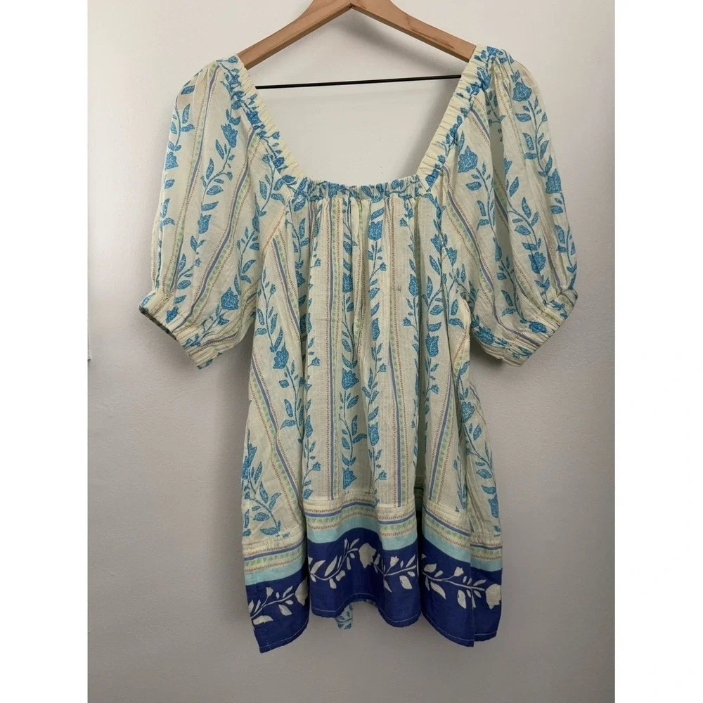 Free People XS NWOT Santorini Tunic Puff Sleeve Floral Relaxed Boho Cottage